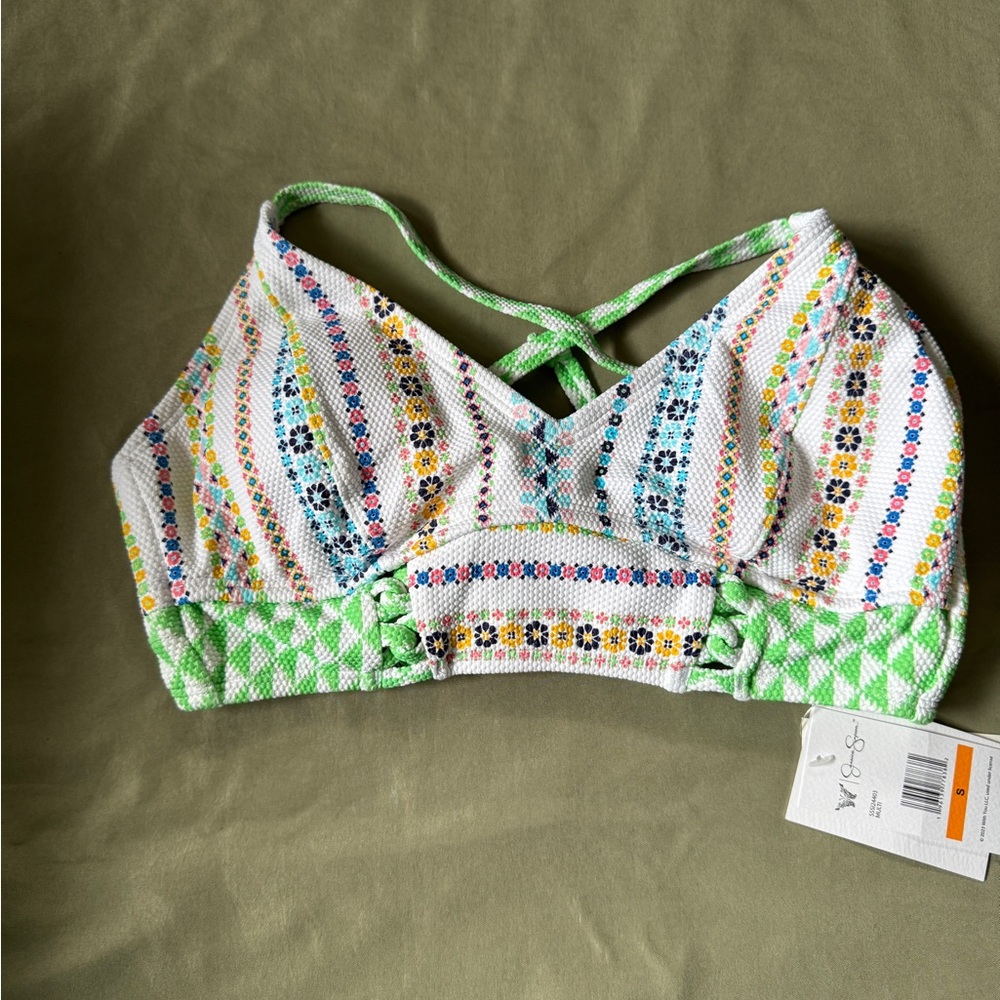 Jessica Simpson Green and White floral bikini top  size S